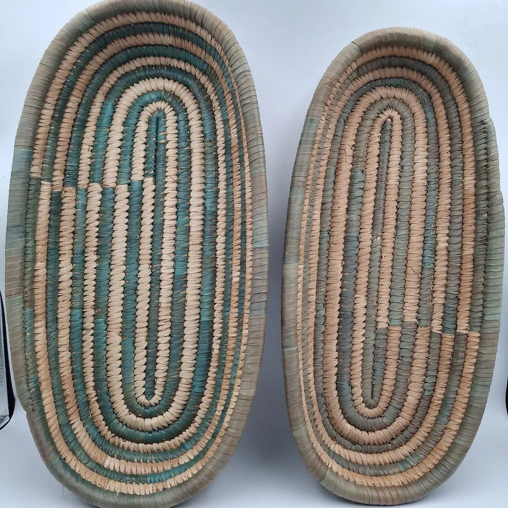 Set Of‎ 2 Hand Woven African Hausa Style Coiled Grass Nesting Baskets Green Tan